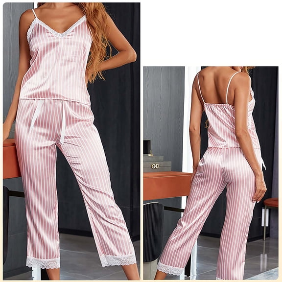 Satin Pajamas Women 2PC Set- Lace Pants Nightdress with Pocket Halter V Neck Sleepwear