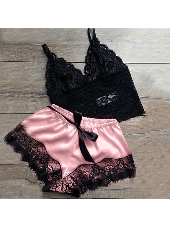 Satin Pajamas Women Set- Halter Camisole Lace Nightdress Sexy Underwear Sleepwear 2PC