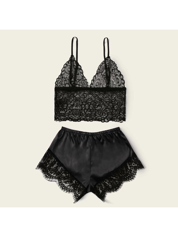 Satin Pajamas Women Set- Halter Camisole Lace Nightdress Sexy Underwear Sleepwear 2PC