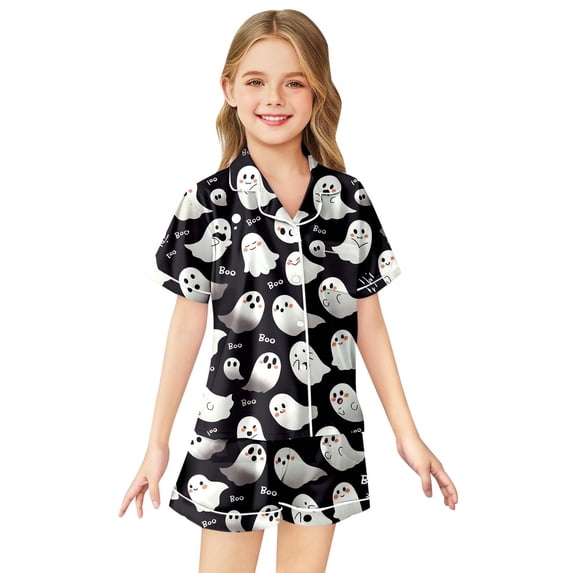 Satin Pajamas for Boy Kids Button Down Pajamas Set Sleepwear Loungewear Set Halloween prints Little Girl Pajamas Size 12-13 Years