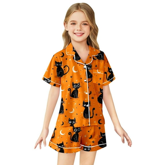 Satin Pajamas for Boys Button Down Sleepwear Set Toddler Sleepwears Halloween prints Pajamas Boys Size 8-9 Years
