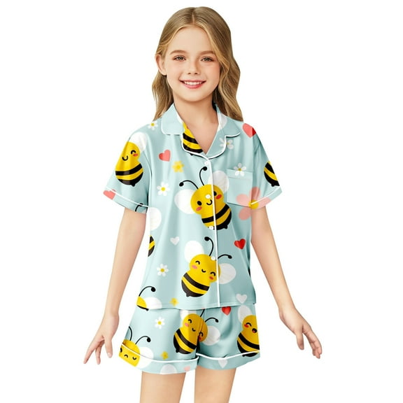 Satin Pajamas for Girl Cartoon Button Down Homewear Set Toddler Sleepwears Christmas Girls Pajamas 10-11 Years Summer Clothes