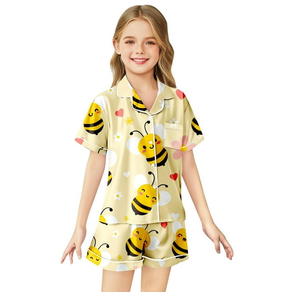 Satin Pajamas for Girl Cute Personality Printed Button Down Homewear Set Girls Casual Pajamas Set Pajamas Girls 8-9 Years Summer Clothes