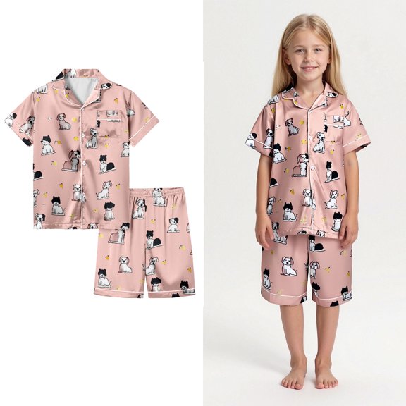 Satin Pajamas for Girls Cute Cartoon Pjs Short Sleeve Button Down Loungewear Fall Matching Kids Pajamas 8-9 Years
