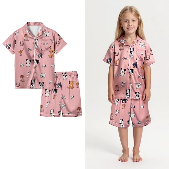 Satin Pajamas for Girls Kids Cute Cartoon Pajamas Short Sleeve Button Down Shirts Soft Teen Kids Pjs Girls 12-13 Years
