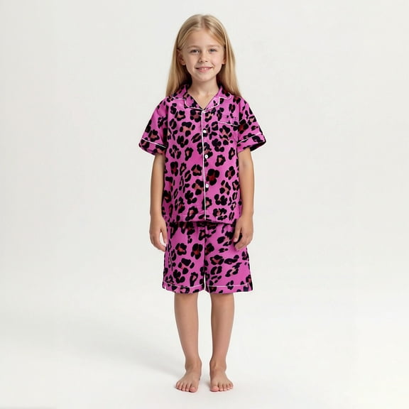 Satin Pajamas for Girls Kids Leopard Pajamas Short Sleeve Button Down Shirt Soft Teen Girls' Pajama Sets 10-11 Years