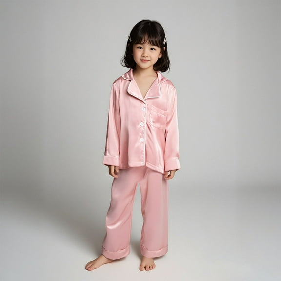 Satin Pajamas for Girls Pink Pajamas Short Sleeve Button Down Sleepwear Soft Pajamas for Girls 4-5 Years