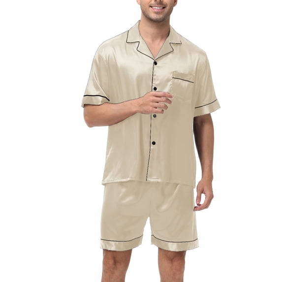 Satin Pajamas for Men Sets 2 Piece Lightweight Short Sleeve Shirts Wide Leg Shorts Casual Solid Color Breathable Loungewear Pajama Set with Pocket