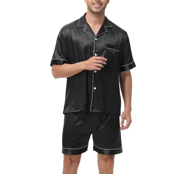 Satin Pajamas for Men Sets 2 Piece Lightweight Short Sleeve Shirts Wide Leg Shorts Casual Solid Color Breathable Loungewear Pajama Set with Pocket