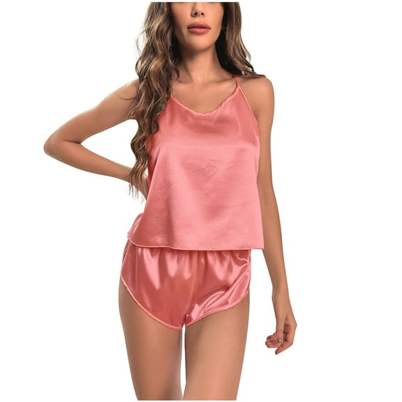 Satin Pajamas for Women 2 Piece Casual V Neck Spaghetti Strap Cami Tops and Shorts Sets Summer Sleepwear Pjs Red