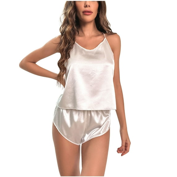 Satin Pajamas for Women 2 Piece Casual V Neck Spaghetti Strap Cami Tops and Shorts Sets Summer Sleepwear Pjs White