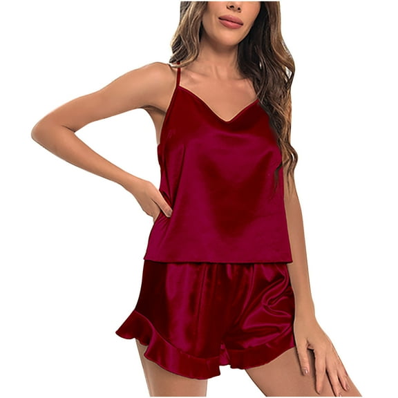 Satin Pajamas for Women 2 Piece V Neck Spaghetti Strap Cami Tops and Ruffle Shorts Sets Summer Sleepwear Pjs Wine