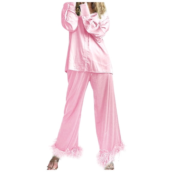 Satin Pajamas for Women Fuzzy Feather Trim Button Down Long Sleeve Shirt Pants Womens 2 Piece Lounge Set Cute Pajama Set