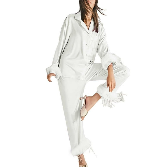 Satin Pajamas for Women Fuzzy Feather Trim Long Sleeve Button-Down Tops Pants Womens Lounge Wear 2 Piece Set Women Sleepwear