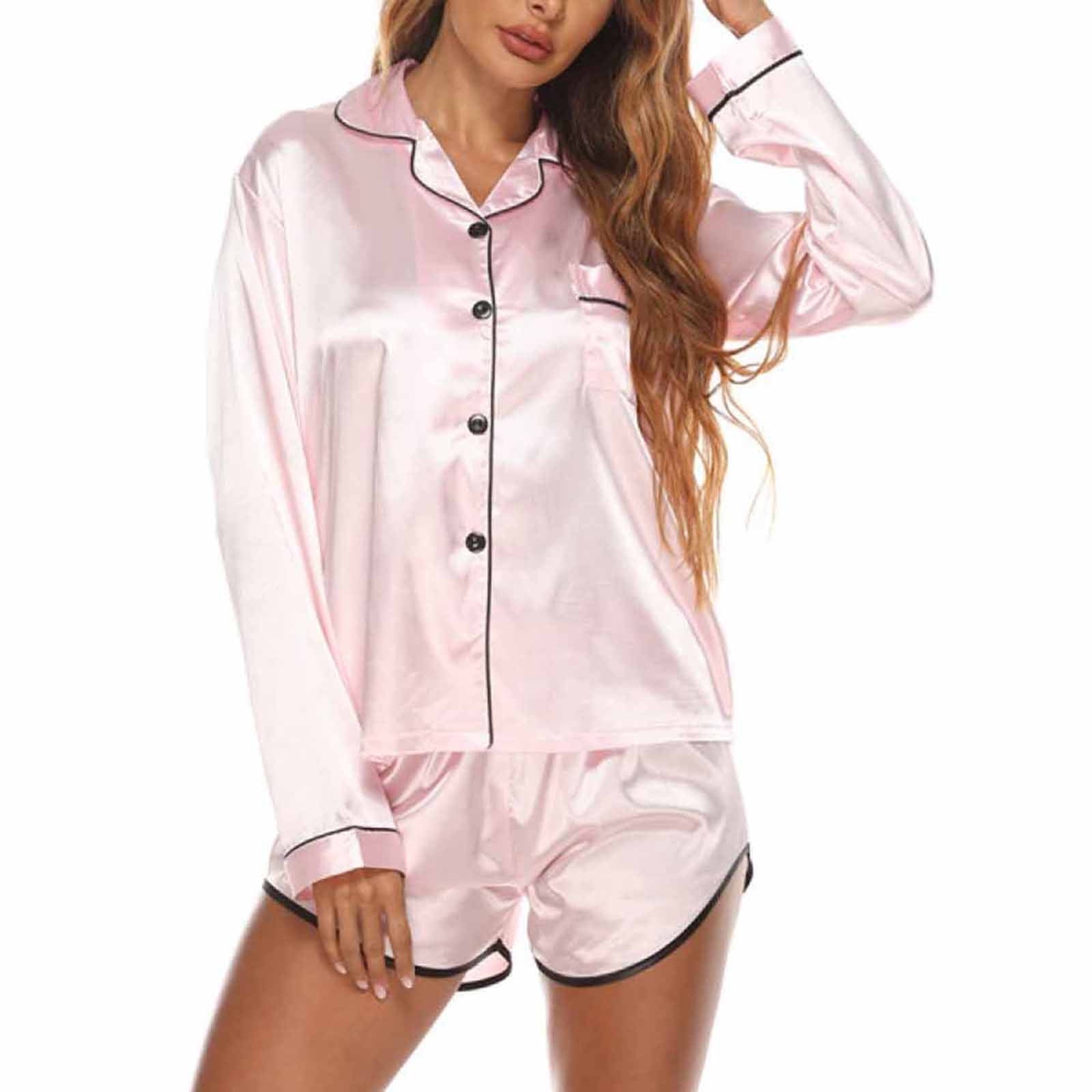Women's Silk Satin Pajama Set - Button Down Long Sleeve Top & Pants, Pink Loungewear Sleepwear, Medium