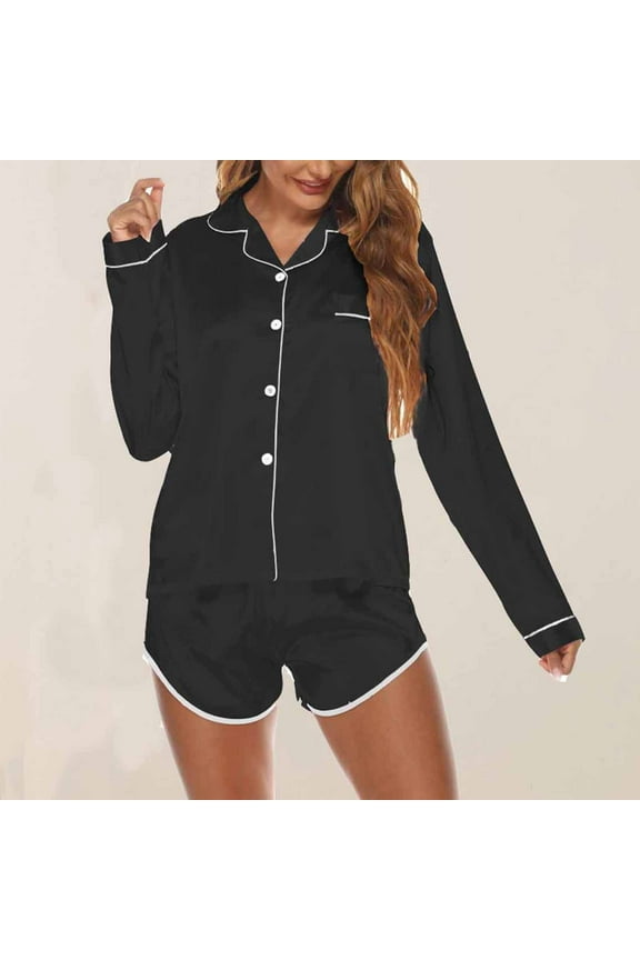 Satin Pajamas for Women, Long Sleeve Silk Pajama Set with Shorts Two Piece Pj Sets Button-Down Sleepwear Loungewear