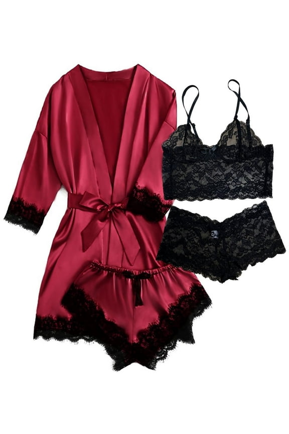 Satin Pajamas for Women, PUTUO Womens Lingerie Floral Lace Trim Cami with Robe, Pajama Sets for Women 4pcs Sleepwear