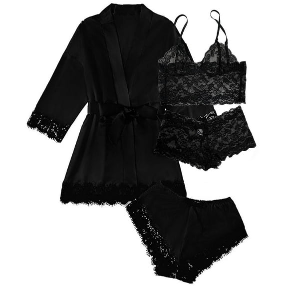 Satin Pajamas for Women, PUTUO Womens Lingerie Floral Lace Trim Cami with Robe, Pajama Sets for Women 4pcs Sleepwear