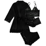 Satin Pajamas for Women, PUTUO Womens Lingerie Floral Lace Trim Cami with Robe, Pajama Sets for Women 4pcs Sleepwear