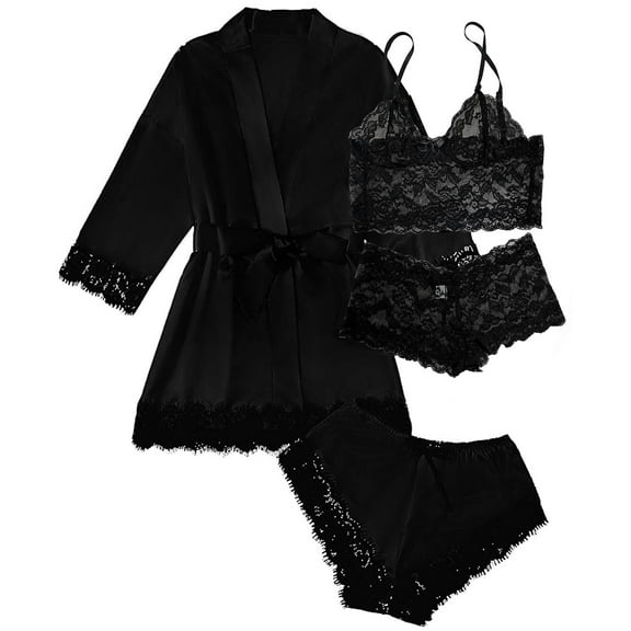 Satin Pajamas for Women, PUTUO Womens Lingerie Floral Lace Trim Cami with Robe, Pajama Sets for Women 4pcs Sleepwear