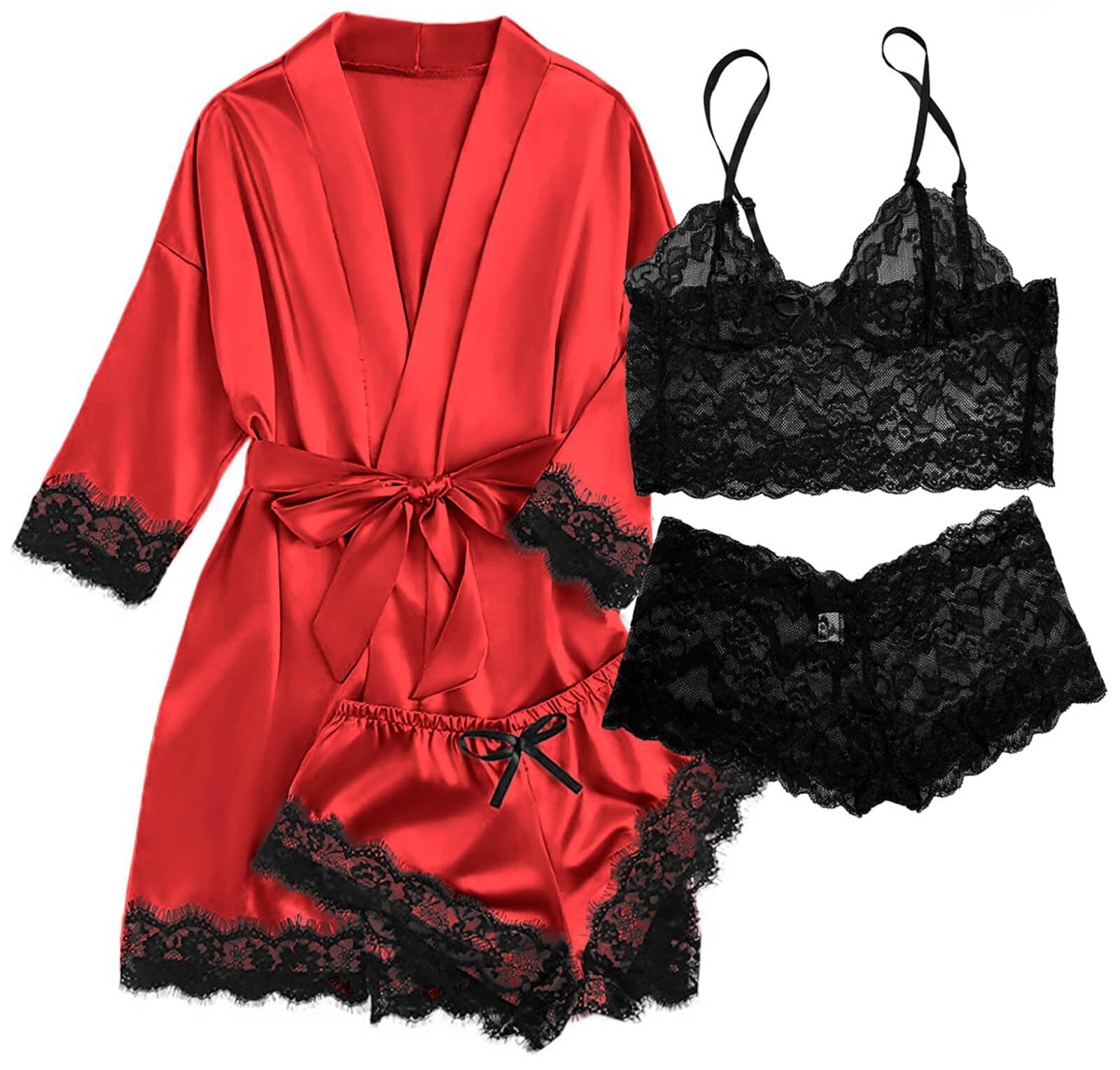 Satin Pajamas for Women, PUTUO Womens Lingerie Floral Lace Trim Cami with Robe, Pajama Sets for Women 4pcs Sleepwear