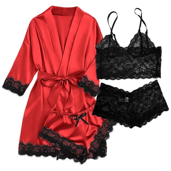 Satin Pajamas for Women, PUTUO Womens Lingerie Floral Lace Trim Cami with Robe, Pajama Sets for Women 4pcs Sleepwear