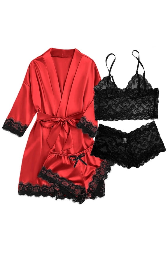 Satin Pajamas for Women, PUTUO Womens Lingerie Floral Lace Trim Cami with Robe, Pajama Sets for Women 4pcs Sleepwear