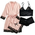 thumbnail image 1 of Satin Pajamas for Women, PUTUO Womens Lingerie Floral Lace Trim Cami with Robe, Pajama Sets for Women 4pcs Sleepwear, 1 of 6
