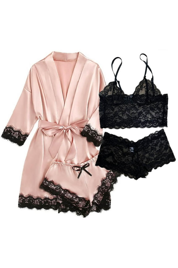 Satin Pajamas for Women, PUTUO Womens Lingerie Floral Lace Trim Cami with Robe, Pajama Sets for Women 4pcs Sleepwear