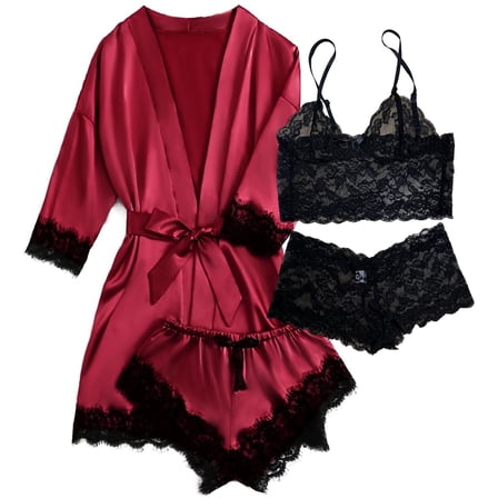 Satin Pajamas for Women, PUTUO Womens Lingerie Floral Lace Trim Cami with Robe, Pajama Sets for Women 4pcs Sleepwear