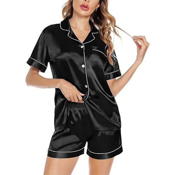 Satin Pajamas for Women, PUTUO Womens Pajama sets, Soft Short Sleeve Button Down Pajama Set Two-Piece Womens Pajamas