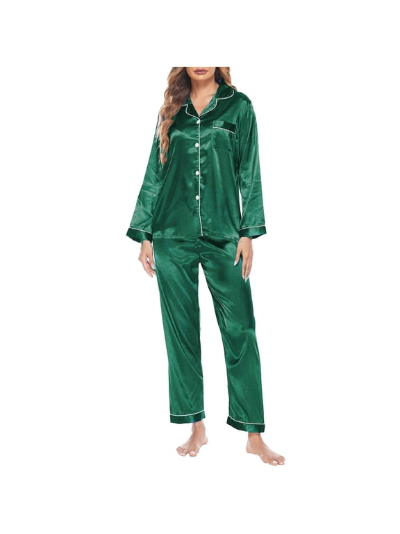 Satin Pajamas for Women Set Petite Silk Lounge 2 Piece Fall Sleepwear Button Down Loungewear Matching Clothing S-2XL