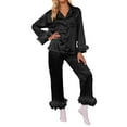 thumbnail image 1 of Satin Pajamas for Women Set Valentine Pajamas Women Long Sleeve Feather Trim Button-Down Sleepwear Loungewear 2 Piece Pajama Set for Women, 1 of 4