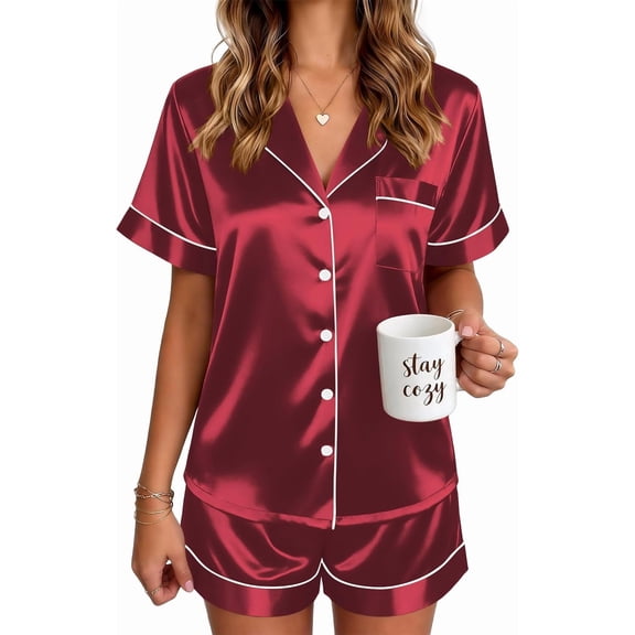 Satin Pajamas for Women, Silk Pjs 2-Piece Short Set, Short Sleeve Button Up Sleepwear with Contrast Piping, Soft Notch Collar Lounge Set for Summer