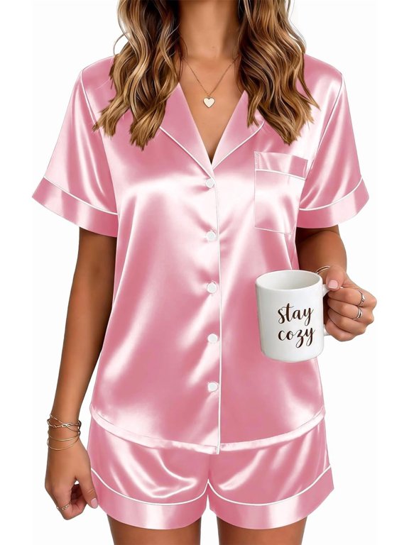 Satin Pajamas for Women, Silk Pjs 2-Piece Short Set, Short Sleeve Button Up Sleepwear with Contrast Piping, Soft Notch Collar Lounge Set for Summer