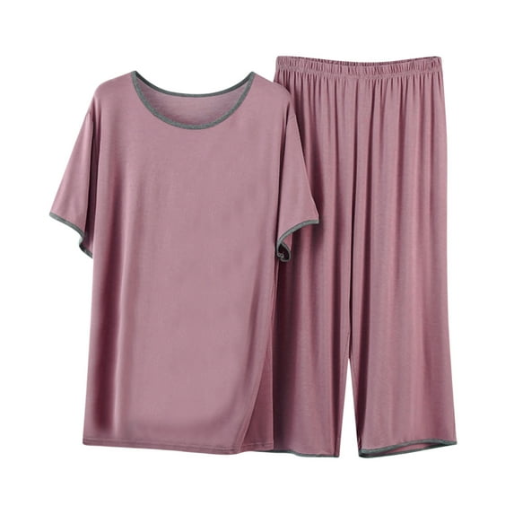 Satin Pajamas for Women Silk Sleepwear Sets Short Sleeve Cropped Pant Nightwear Suits Comfy Lounge Sets Homewear (L, Purple)