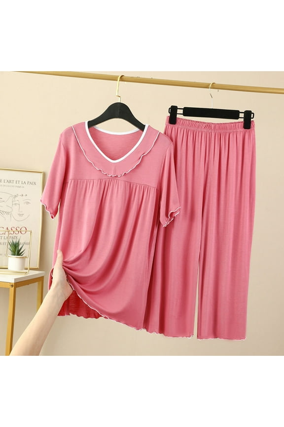 Satin Pajamas for Women Silk Sleepwear Sets Short Sleeve Cropped Pant Nightwear Suits Comfy Lounge Sets Homewear (XXXL, Red)