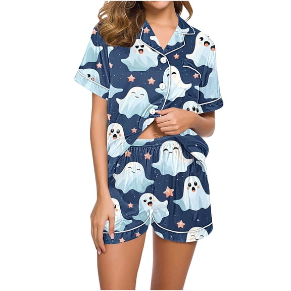 Satin Pajamas for Womens Halloween Cute Silk Sleepwear Short Sleeve Collared Shirts Shorts Casual Two Piece Pjs Set Blue, S