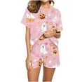 thumbnail image 1 of Satin Pajamas for Womens Halloween Cute Silk Sleepwear Short Sleeve Collared Shirts Shorts Casual Two Piece Pjs Set Pink, XXL, 1 of 6