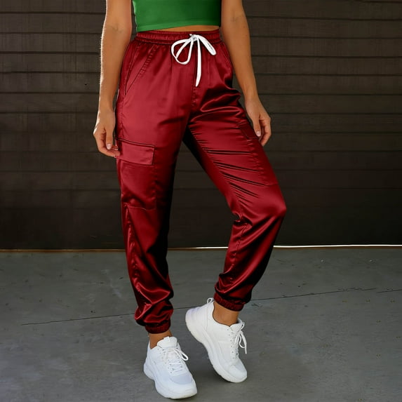 Satin Pants for Women Silk Seamless Joggers with Drawstring Pockets