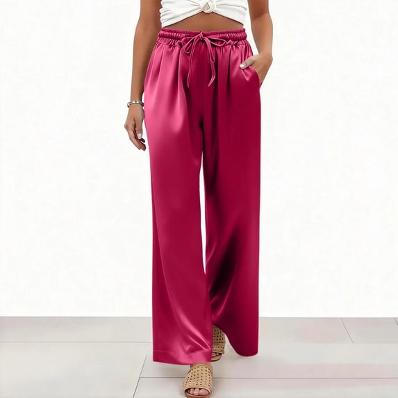 Satin Pants for Women Wide Leg Elastic Drawstring Waist Silky Pants Summer Casual Loose Trousers with Pockets, 2XL