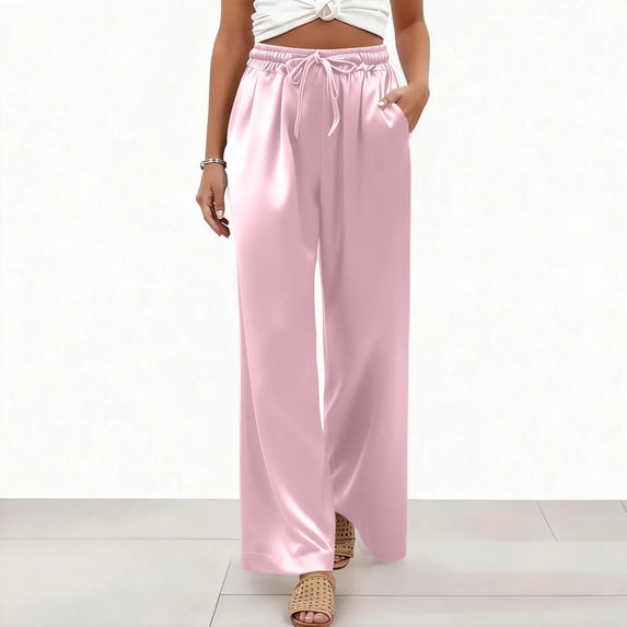 Satin Pants for Women Wide Leg Elastic Drawstring Waist Silky Pants Summer Casual Loose Trousers with Pockets, 2XL