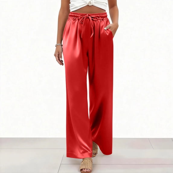 Satin Pants for Women Wide Leg Elastic Drawstring Waist Silky Pants Summer Casual Loose Trousers with Pockets, L