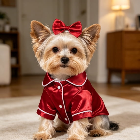 Satin Pet Pajama with Bow Button Up Dog Shirt Breathable Polyester Loungewear for Small Medium Puppy Cats Indoor Sleep Party