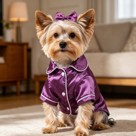 Satin Pet Pajama with Bow Button Up Dog Shirt Breathable Polyester Loungewear for Small Medium Puppy Cats Indoor Sleep Party