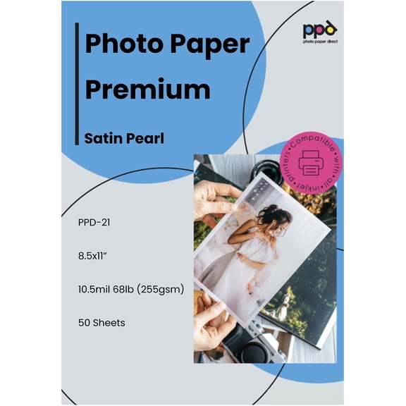 Satin Photo Paper for Inkjet Printer, Premium Semi Gloss Luster Finish 8.5x11 Size Sheets for Printable Photos, Thick 255 gsm 68 lbs 10.5 mil, White, Water Resistant & Instant Dry Prints (50 Pack)
