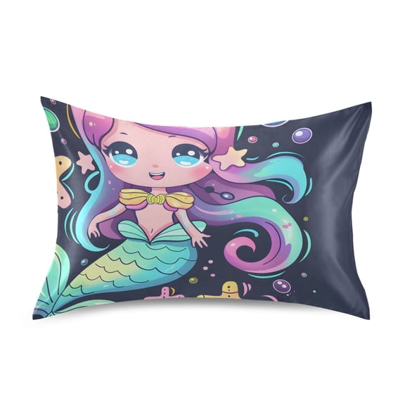 Satin Pillow Case Cartoon Cute Mermaid Standard Silk Pillow Cover for Hair and Skin Envelope Closure 20"x26"