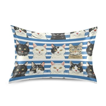 Satin Pillow Case Cats with Blue White Striped Standard Silk Pillow Cover for Hair and Skin Envelope Closure 20"x26"
