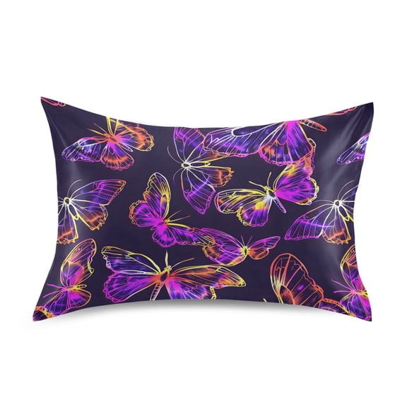 Satin Pillow Case Colorful Butterflies Outline Standard Silk Pillow Cover for Hair and Skin Envelope Closure 20"x26"