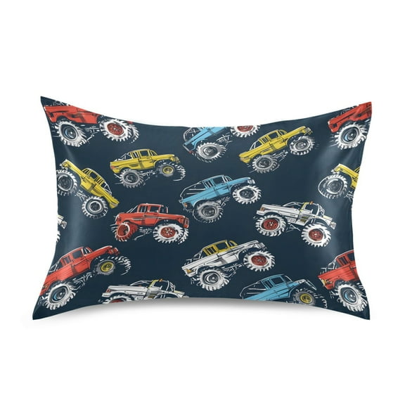 Satin Pillow Case Colorful Monster Trucks Standard Silk Pillow Cover for Hair and Skin Envelope Closure 20"x26"
